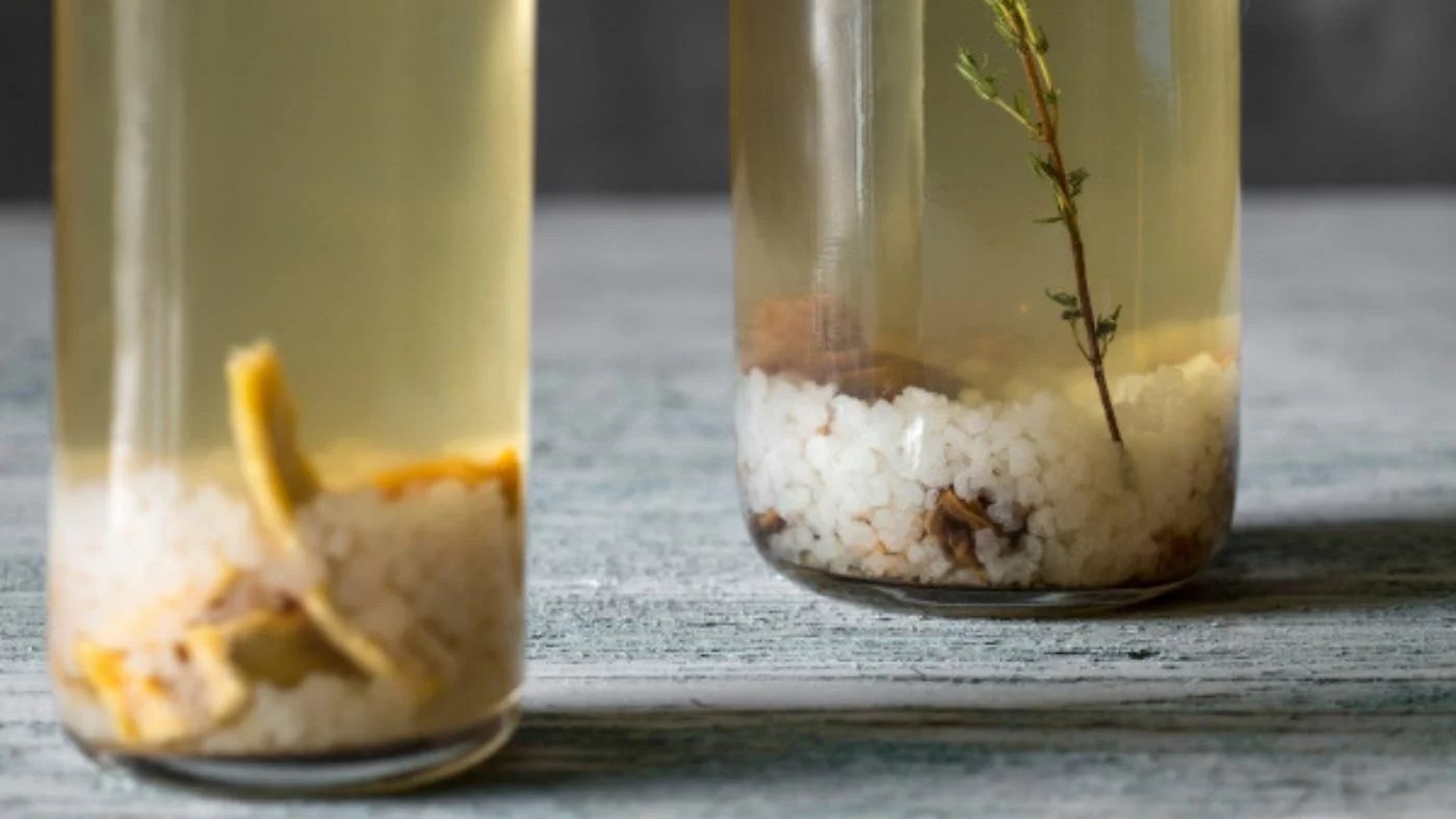 Grains de kéfir de fruits dans un bocal en verre avec citron et figue sèche pour une préparation maison