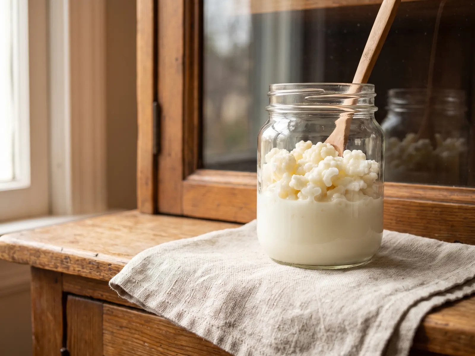 Bocal de kéfir de lait maison avec grains de kéfir