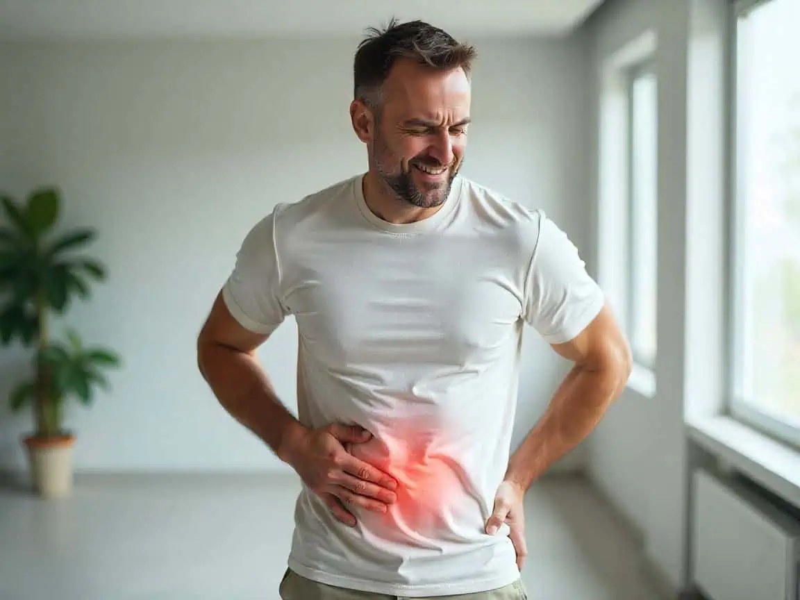 Personne qui pose la main sur le côté droit de l'abdomen, juste sous les côtes, en raison d'une douleur