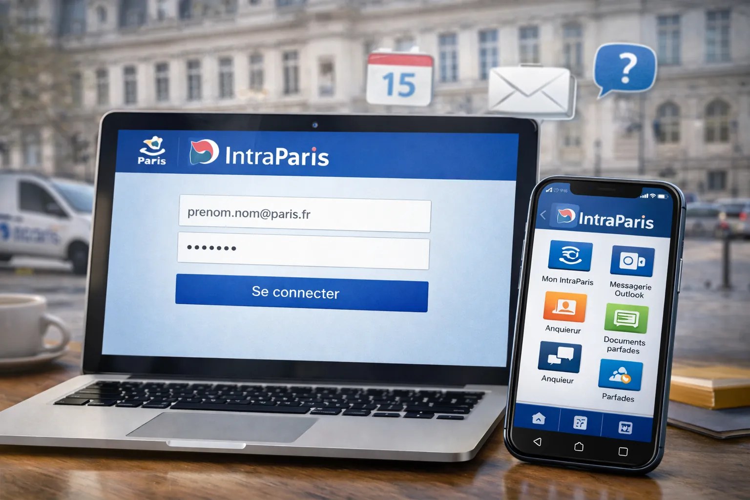 Page de connexion au portail Intraparis Nomade ouverte sur un ordinateur portable